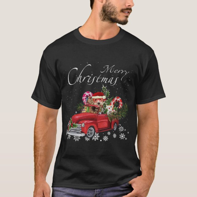 Cute Santa Labradoodle Riding Red Truck Merry Chri T-Shirt (Front)