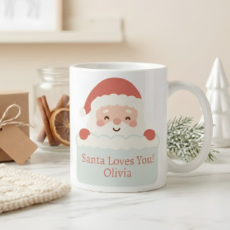 Cute Santa Loves You Personalised Christmas Name Coffee Mug