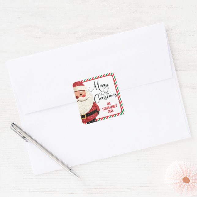 Cute Santa Merry Christmas from Family Square Sticker (Envelope)