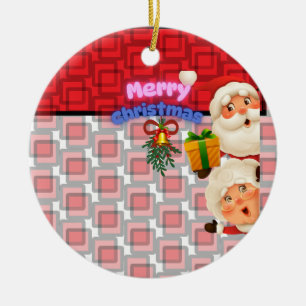 Cute Santa & Mrs. Claus Merry Christmas Greeting  Ceramic Tree Decoration