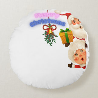 Cute Santa & Mrs. Claus Merry Christmas Greeting Round Cushion