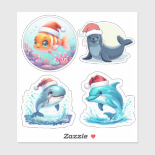 Cute Santa Ocean Animals Custom-Cut Vinyl Stickers