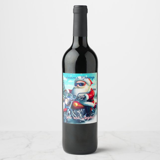 Cute Santa on a Motorcycle Wine Label (Front)