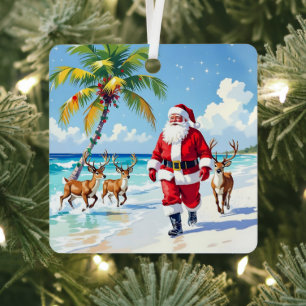 Cute Santa on Beach with Reindeer Personalized Metal Tree Decoration