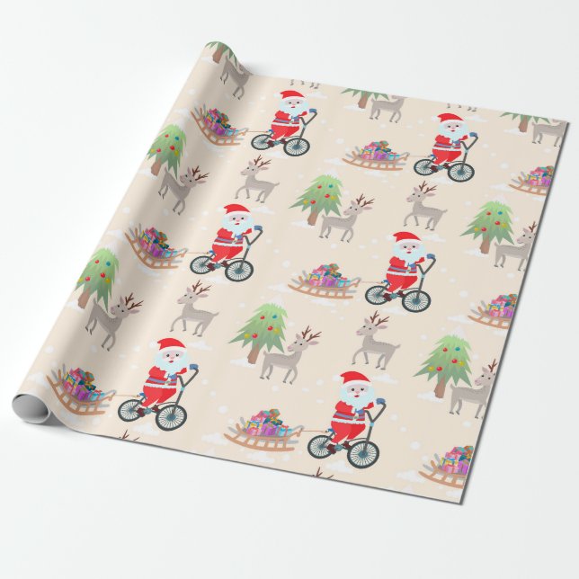 Cute Santa On Bicycle Christmas Pattern Wrapping Paper (Unrolled)