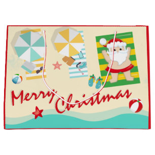 Cute Santa on the Beach Merry Christmas Large Gift Bag