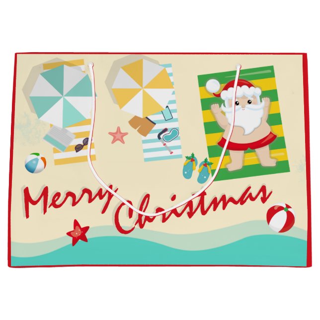 Cute Santa on the Beach Merry Christmas Large Gift Bag (Front)