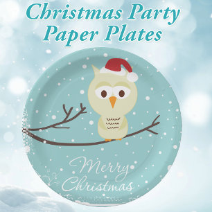 Cute Santa Owl Merry Christmas Light Blue Paper Plate