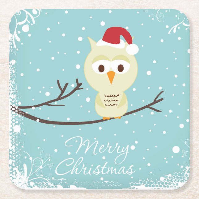  Cute Santa Owl Merry Christmas Light Blue Square Paper Coaster (Front)