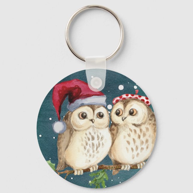 Cute Santa Owls with hats Key Ring (Front)