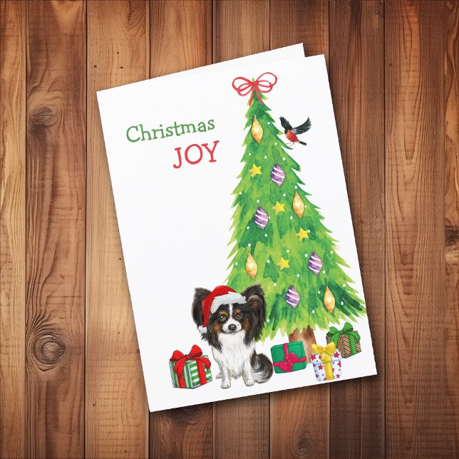 Cute Santa Papillon Dog and Christmas Tree Holiday Card (Creator Uploaded)