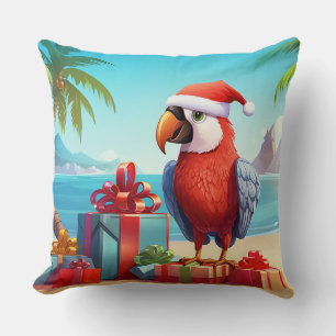 Cute Santa Parrot Tropical Beach Christmas Cushion