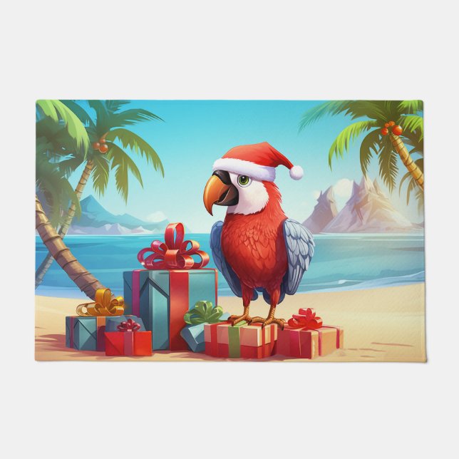 Cute Santa Parrot Tropical Beach Christmas Doormat (Front)