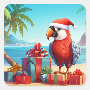 Cute Santa Parrot Tropical Beach Christmas Square Sticker