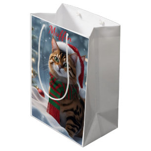 Cute Santa Paws Bengal Cat Christmas Personalised Medium Gift Bag
