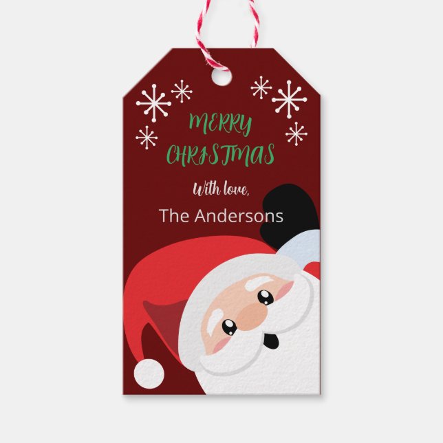 Cute Santa Peeping Red Gift Tags (Front)