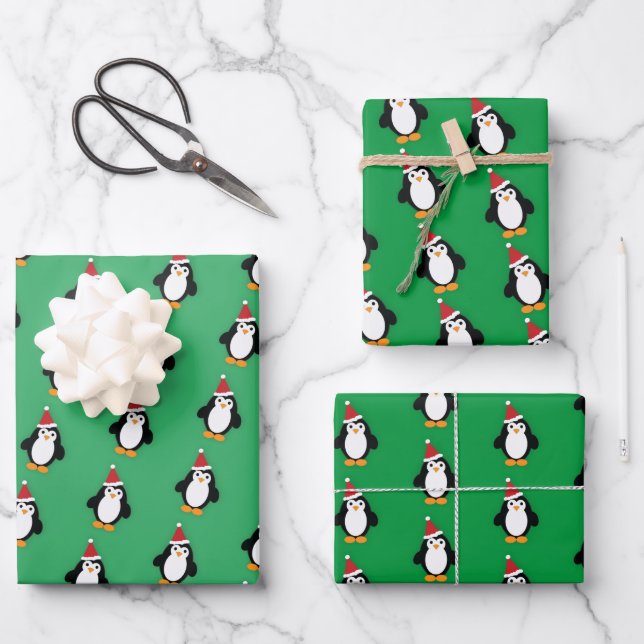 Cute Santa Penguin Wrapping Paper Sheet (Front)
