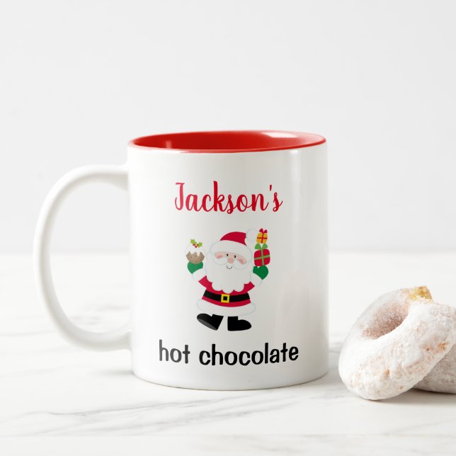 Cute Santa Personalised Kids Christmas Hot Cocoa Two-Tone Coffee Mug (With Donut)