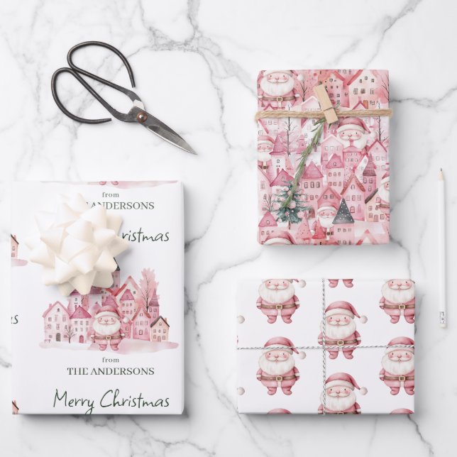 Cute Santa Pink Winter Town Christmas Wrapping Paper Sheet (Front)