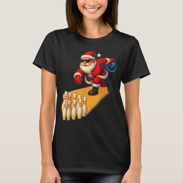 Cute Santa Playing Bowling Ball And Ns Bowler Chri T-Shirt (Front)
