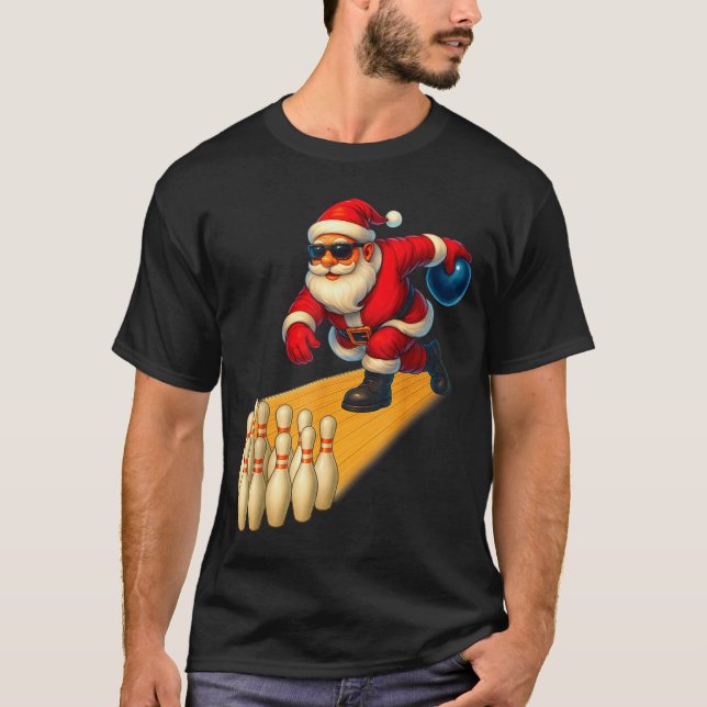 Cute Santa Playing Bowling Ball And Ns Bowler Chri T-Shirt (Front)