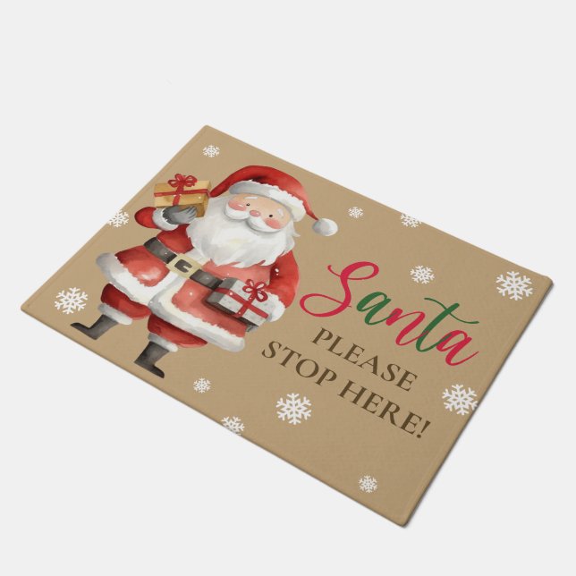 Cute Santa Please Stop Here Christmas Snowflakes Doormat (Angled)
