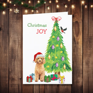 Cute Santa Poodle and Holiday Tree Christmas Card