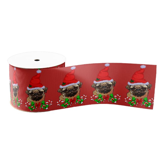 Cute Santa Pug Christmas Merry Grosgrain Ribbon (Spool)