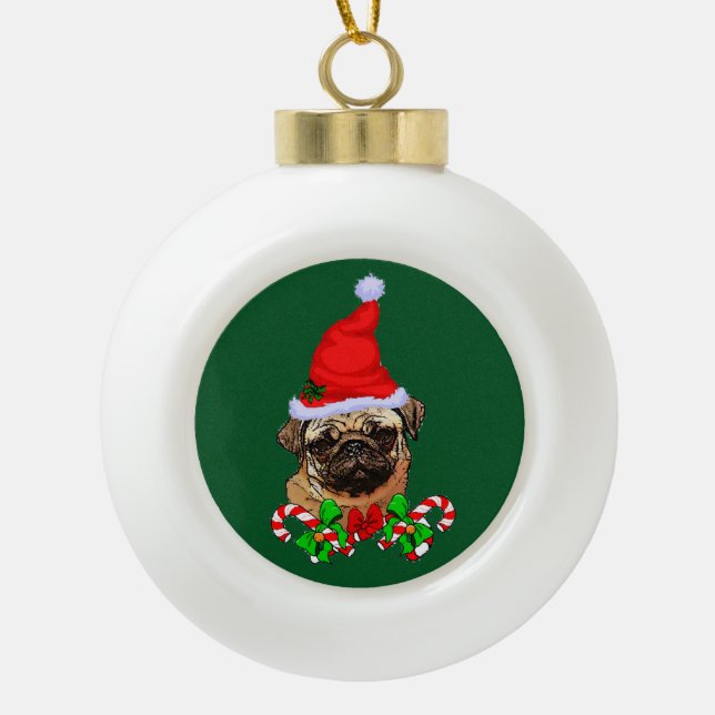 Cute Santa Pug Lovers Christmas Ceramic Ball Christmas Ornament (Front)