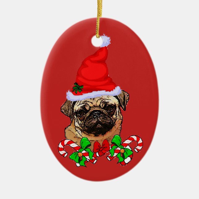 Cute Santa Pug Lovers Christmas Ceramic Tree Decoration (Front)