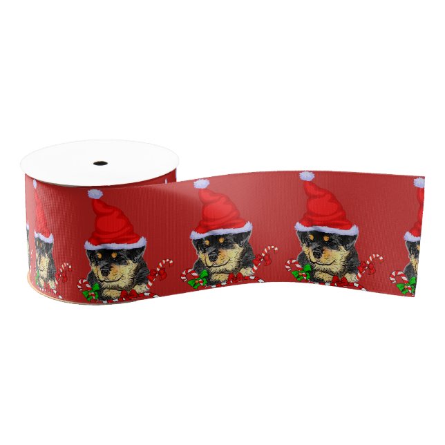 Cute Santa Puppy Rottweiler Christmas Grosgrain Ribbon (Spool)