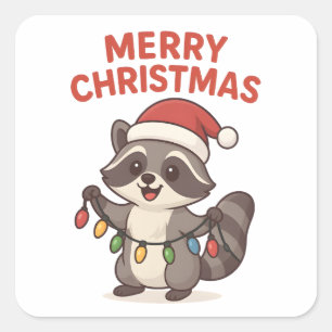 Cute Santa Raccoon Funny Christmas Lights Raccoon Square Sticker