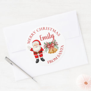Cute Santa Red Berries Bell Name Merry Christmas Classic Round Sticker