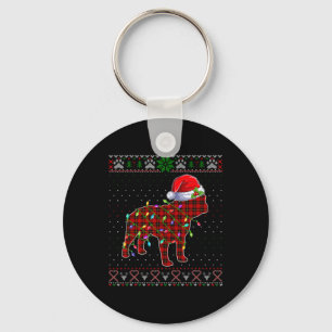 Cute Santa Red Plaid French Bulldog Light Ugly Xma Key Ring
