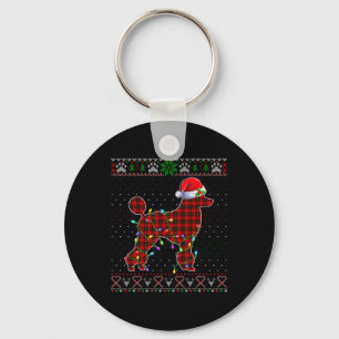 Cute Santa Red Plaid Poodle Light Ugly Christmas   Key Ring