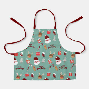 Cute Santa Reindeer Candy Cane Gingerbread Pattern Apron