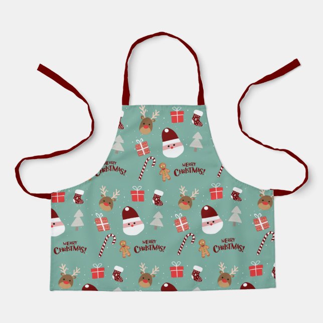 Cute Santa Reindeer Candy Cane Gingerbread Pattern Apron (Front)