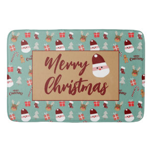 Cute Santa Reindeer Candy Cane Gingerbread Pattern Bath Mat