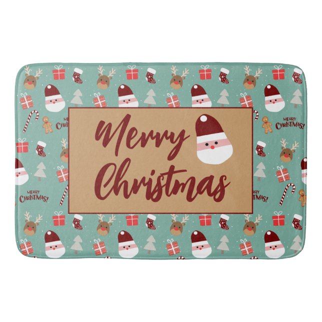Cute Santa Reindeer Candy Cane Gingerbread Pattern Bath Mat (Front)