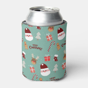 Cute Santa Reindeer Candy Cane Gingerbread Pattern Can Cooler