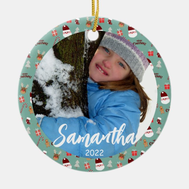 Cute Santa Reindeer Candy Cane Gingerbread Pattern Ceramic Tree Decoration (Front)