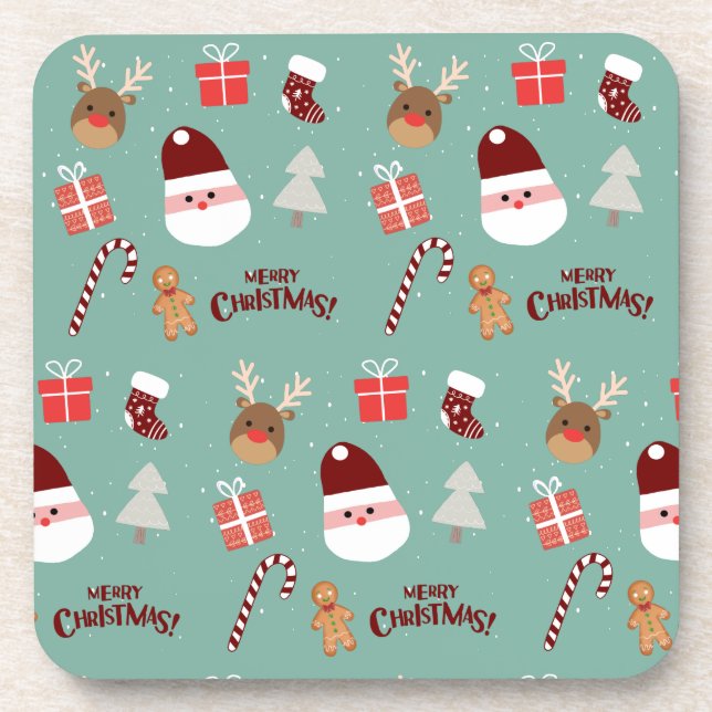 Cute Santa Reindeer Candy Cane Gingerbread Pattern Coaster (Front)