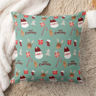 Cute Santa Reindeer Candy Cane Gingerbread Pattern Cushion