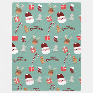 Cute Santa Reindeer Candy Cane Gingerbread Pattern Fleece Blanket