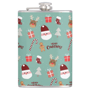 Cute Santa Reindeer Candy Cane Gingerbread Pattern Hip Flask