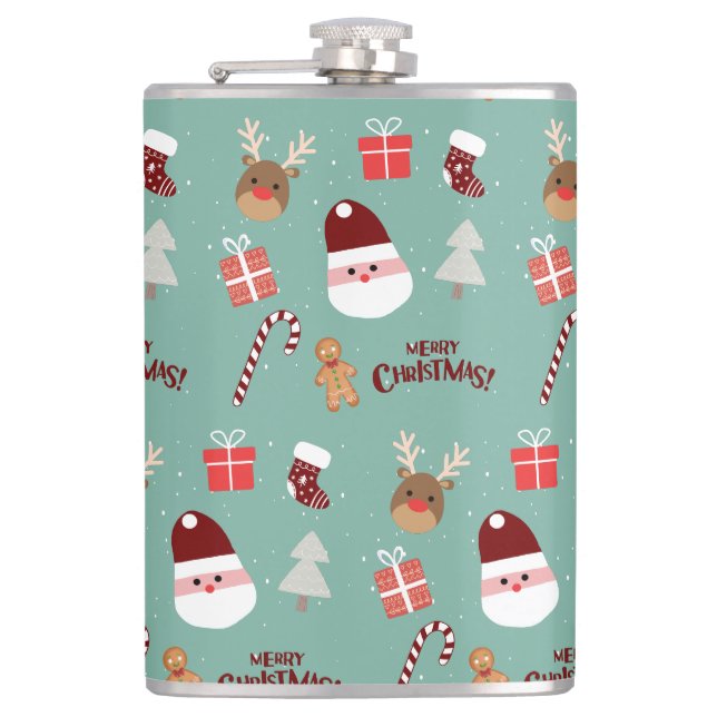 Cute Santa Reindeer Candy Cane Gingerbread Pattern Hip Flask (Front)