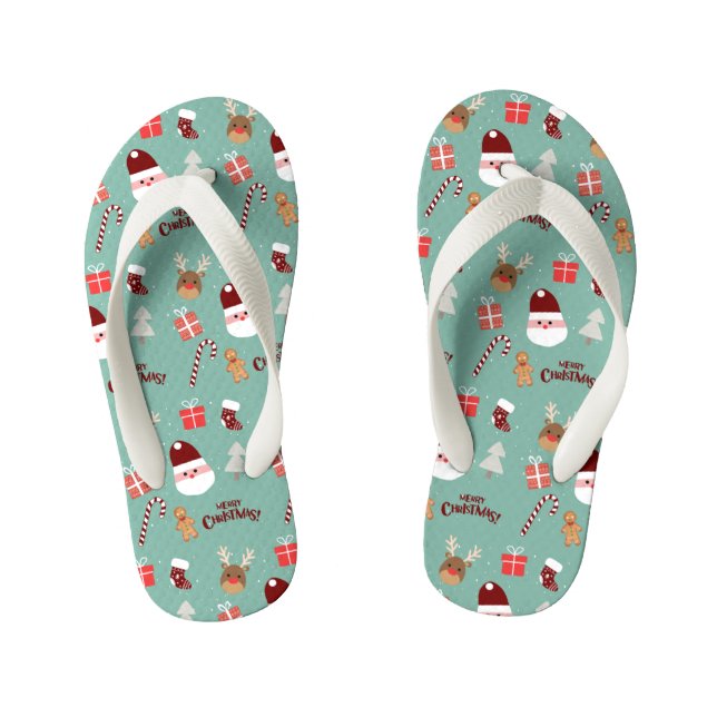 Cute Santa Reindeer Candy Cane Gingerbread Pattern Kid's Flip Flops (Footbed)