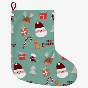 Cute Santa Reindeer Candy Cane Gingerbread Pattern Large Christmas Stocking