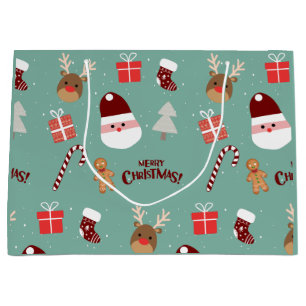 Cute Santa Reindeer Candy Cane Gingerbread Pattern Large Gift Bag