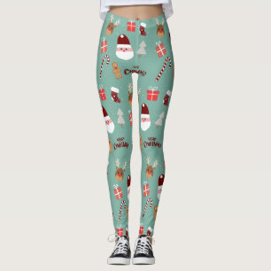 Cute Santa Reindeer Candy Cane Gingerbread Pattern Leggings
